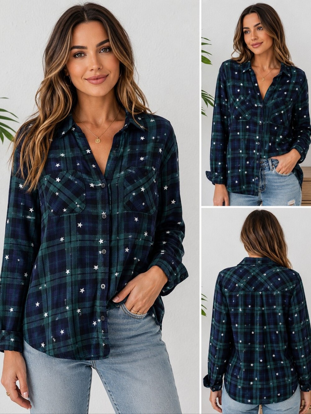 Rock & Republic Plaid Star Button Down Shirt Women’s Casual Grunge Top